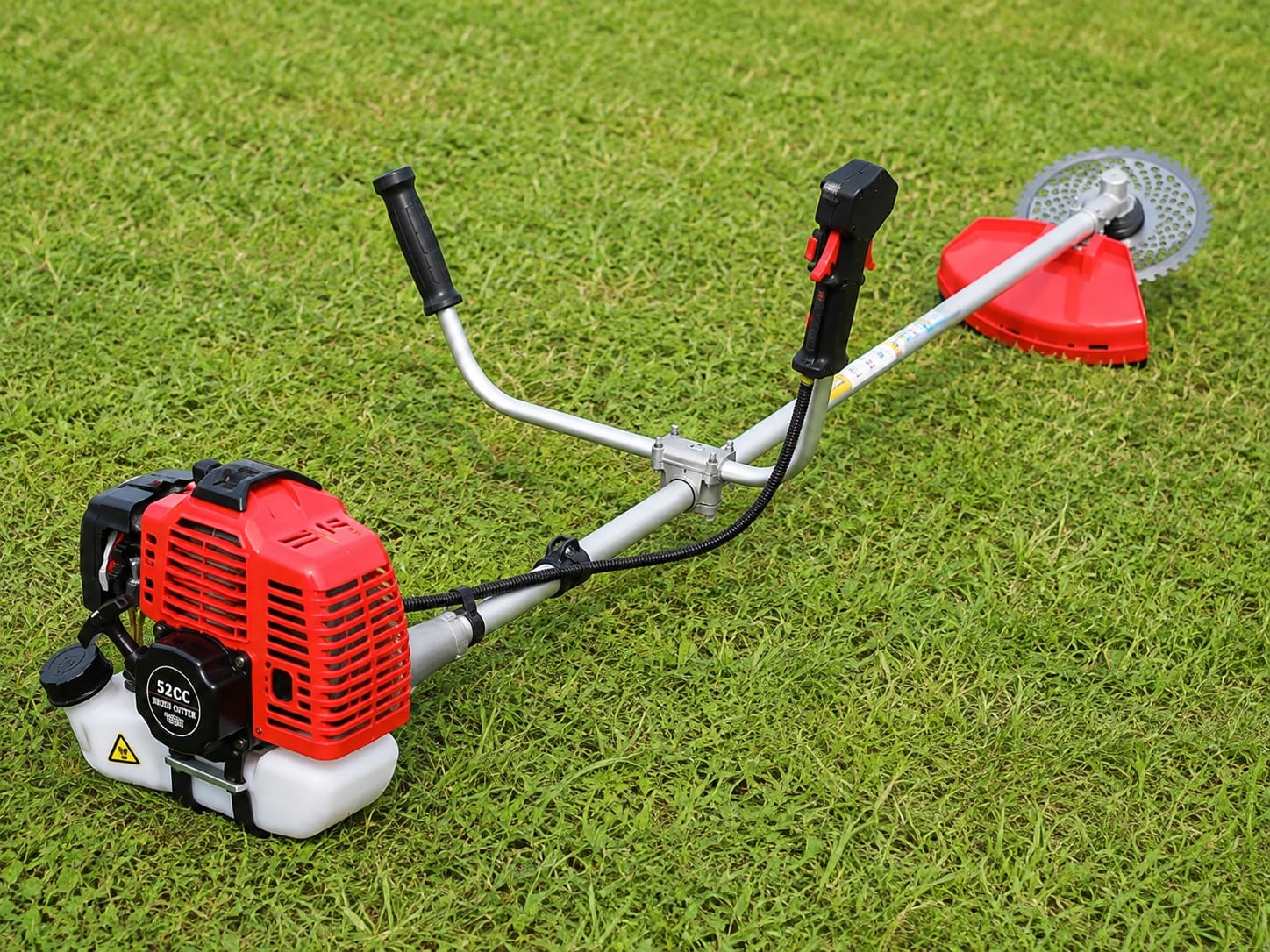 52cc petrol brush cutter with dual handle and steel blade attachment