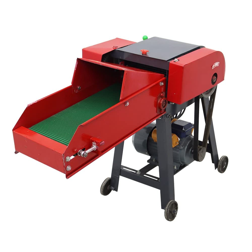 Electric motor-driven chaff cutter with conveyor feed tray on wheeled stand