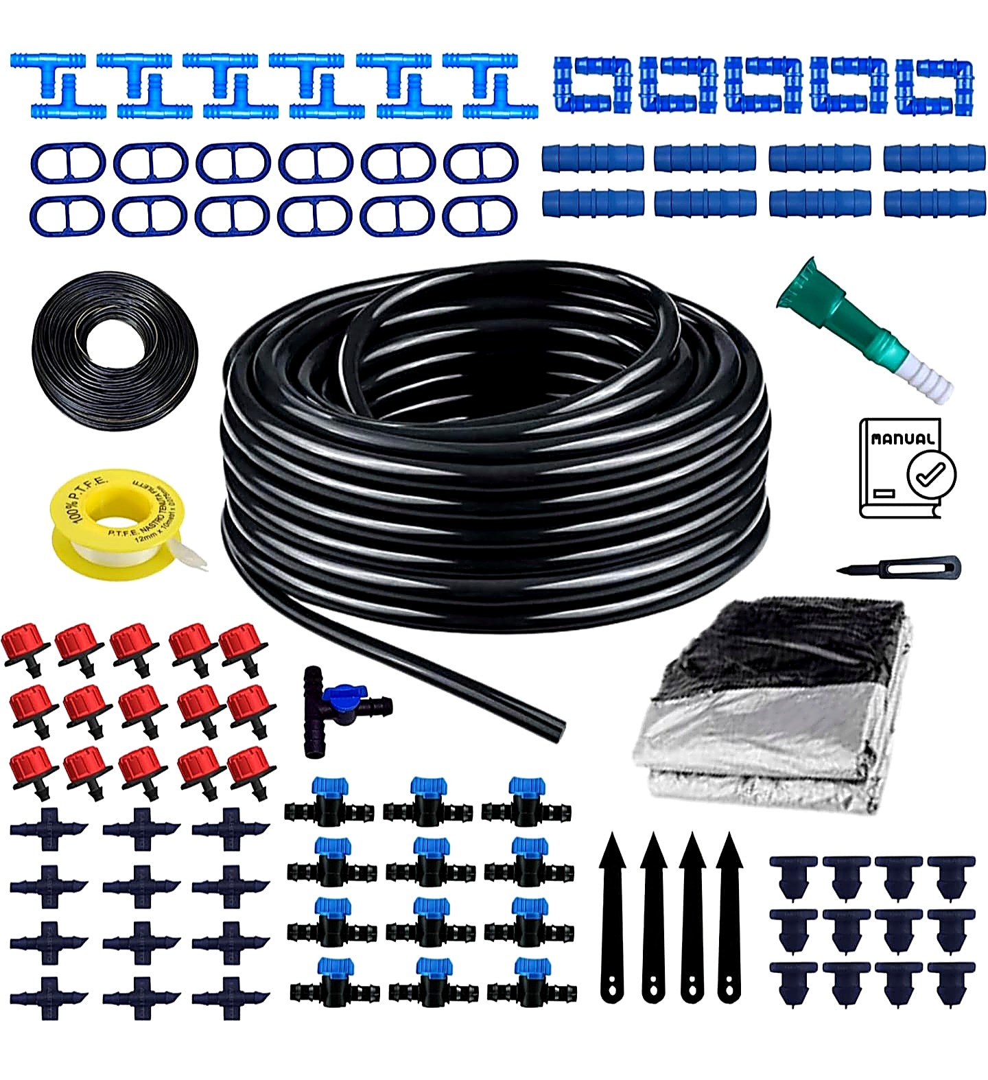 Complete drip irrigation fitting kit with connectors, drippers and tools