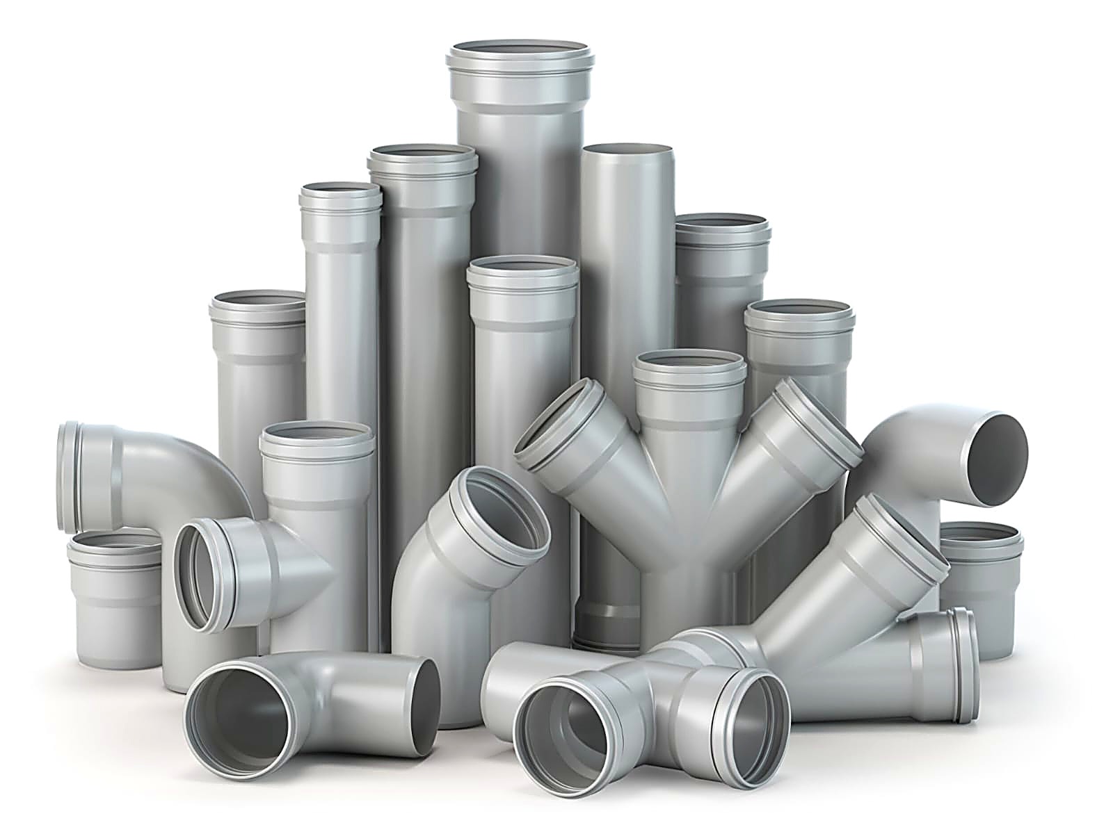 Assorted PVC pipe fittings including elbows, tees and couplers