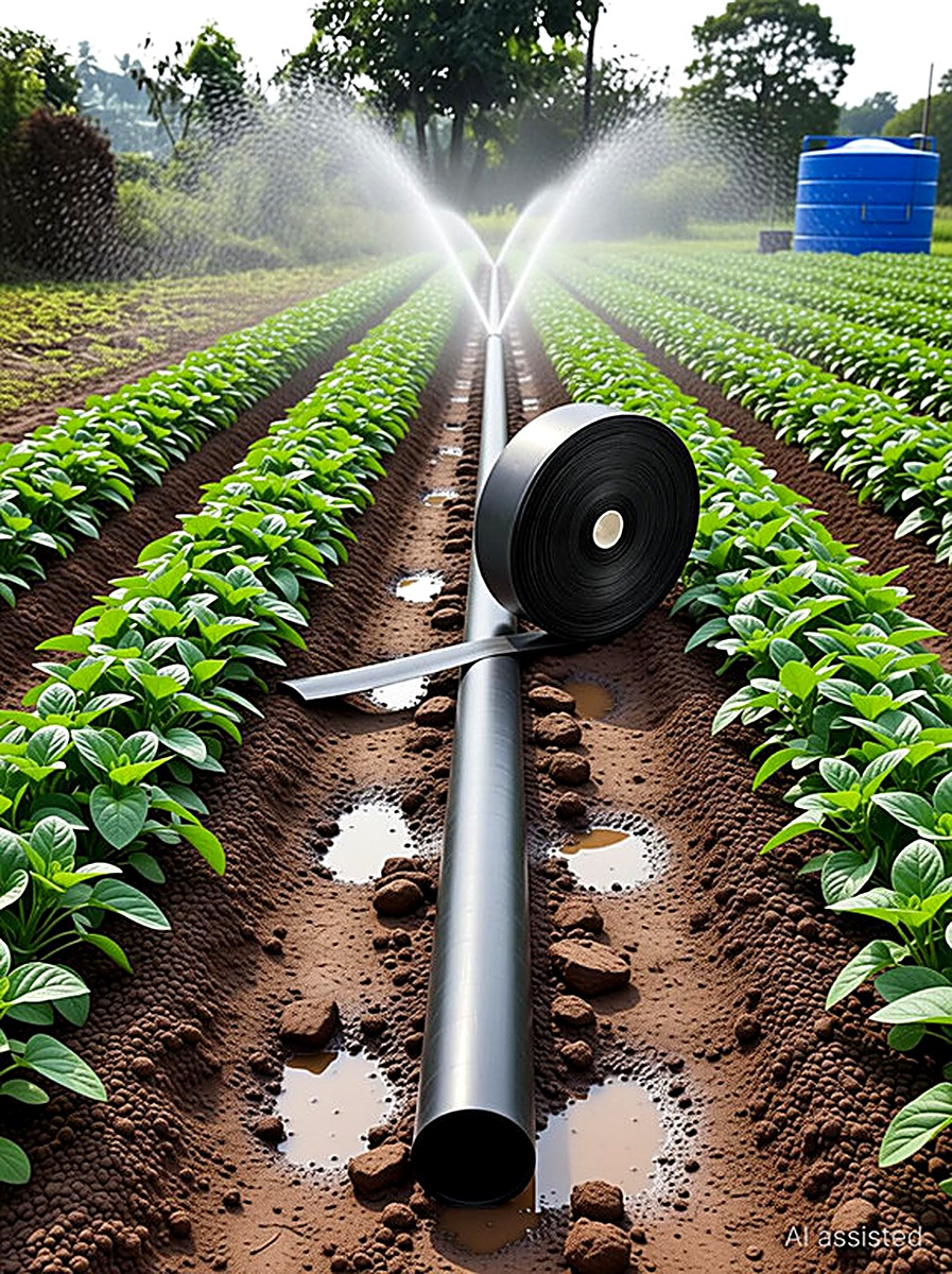 Rain pipe laid in a field with sprinklers watering crop rows
